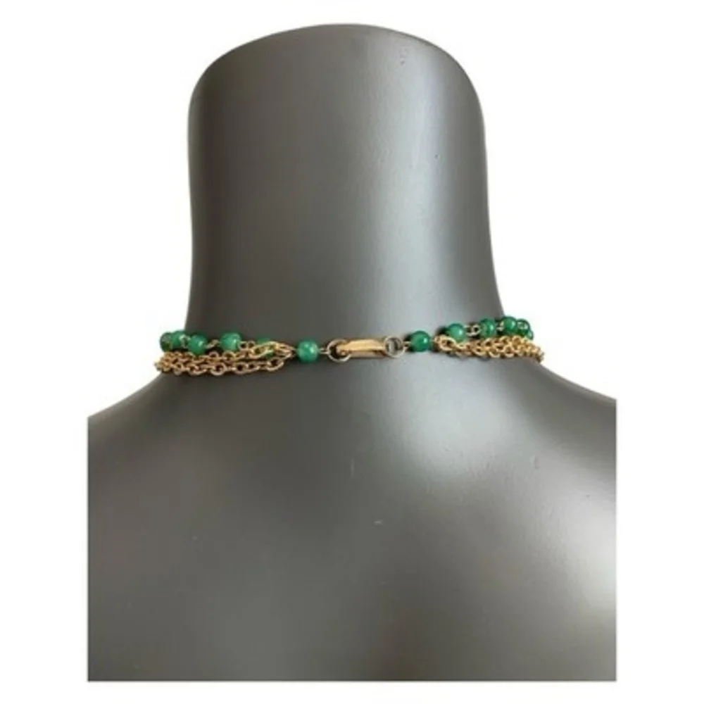 HongKong Gold Tone Chain Necklace Green Beads Multilayered Oversized Jewelry 32